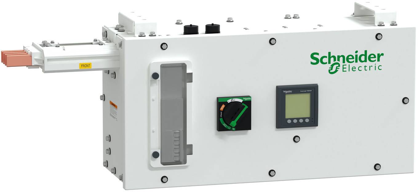 Schneider Electric industrieller elektrischer Schaltschrank mit Frontgriff, Anzeige und digitaler Anzeige auf einem weißen Gehäuse.