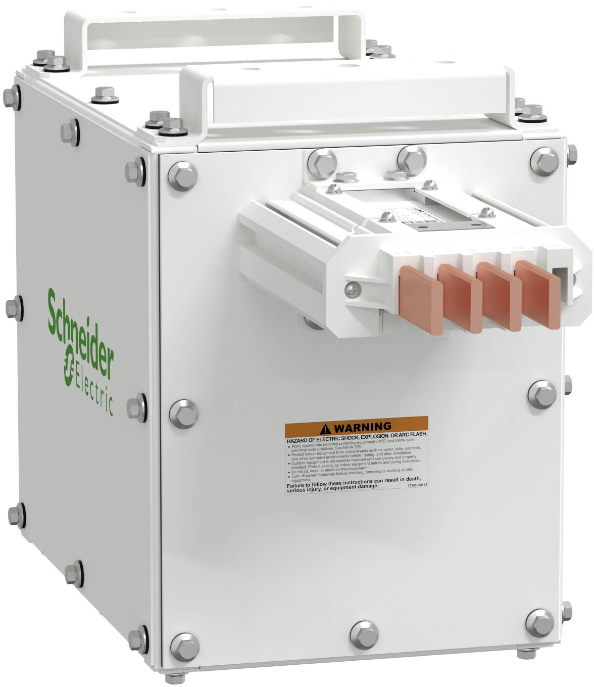 Weißes Schneider Electric Industrie-Elektroschrank mit Griff, verschraubtem Deckel, Warnschild und orangefarbenen Steckerports an der Vorderseite.