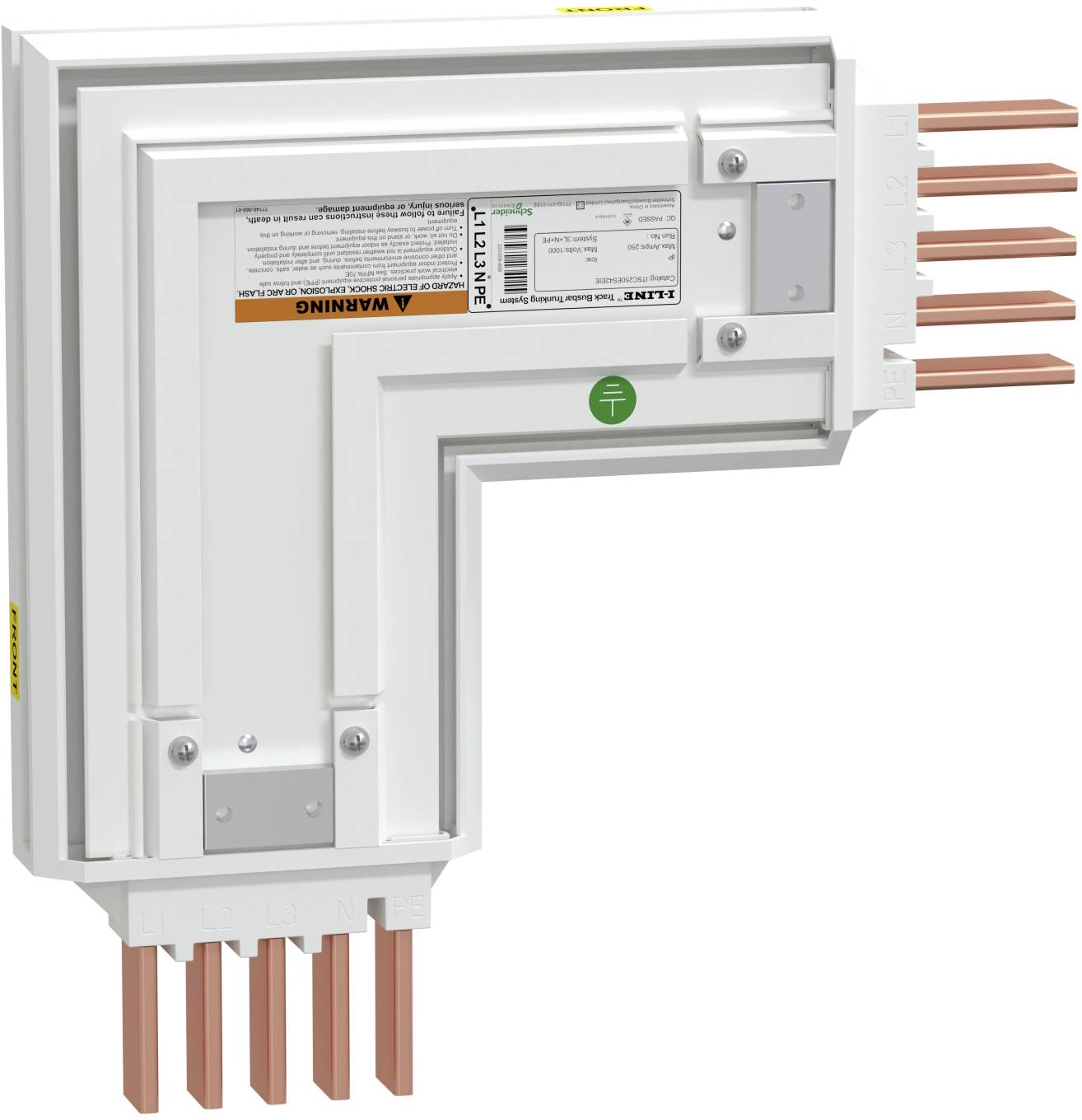 Weißer L-förmiger elektrischer Stromschiene oder Stromverteilungsverbinder mit Kupferklemmen und Warnzeichen auf weißem Hintergrund.