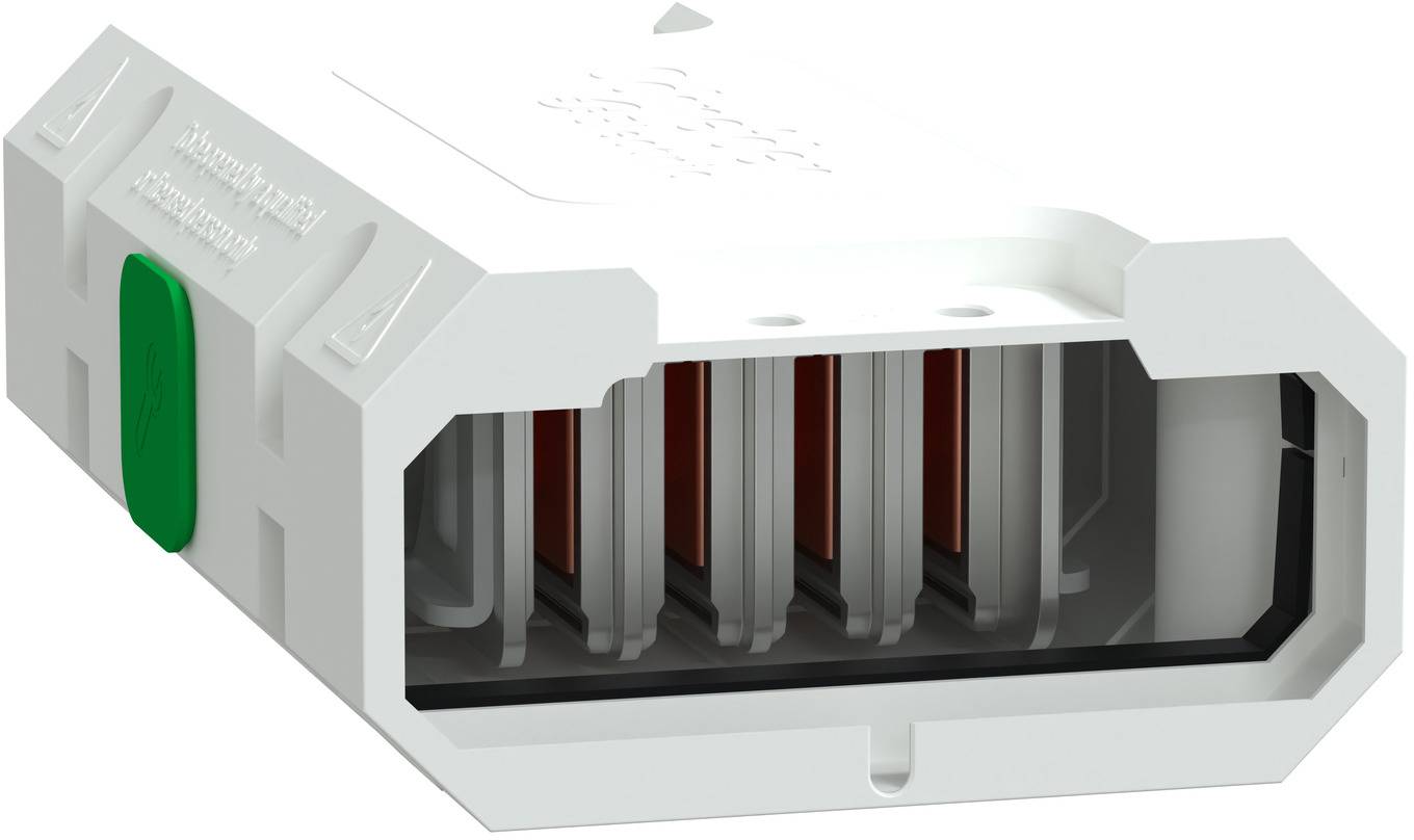 3D-Querschnittsansicht eines grauen Elektrosteckers mit sichtbaren inneren Metallkontakten und einer grünen Verriegelungslasche.