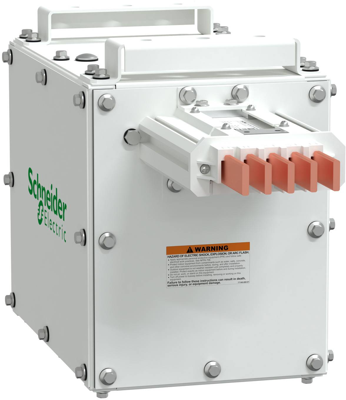 Industrielles Schneider Electric Elektroverteilungsgehäuse mit Griff und orangefarbenen Anschllussklemmen, gezeigt als Produktfoto.