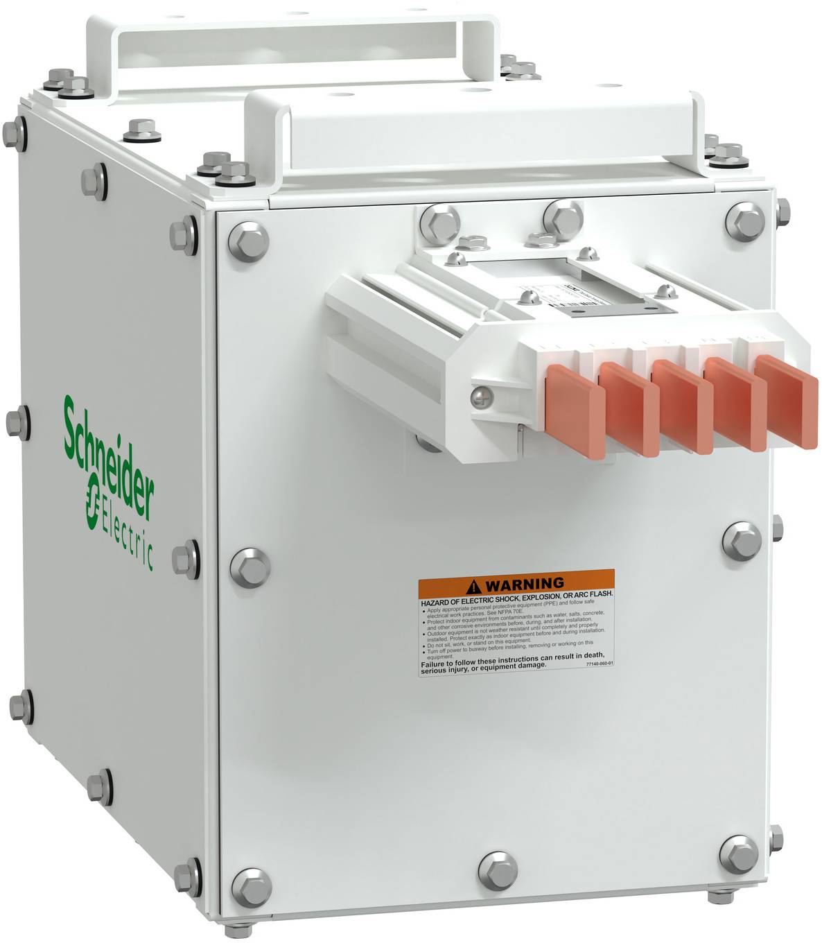 Industrielles Schneider Electric Schaltschrank mit frontmontiertem Schalter oder Stecker und orangefarbenen Klemmenabdeckungen.