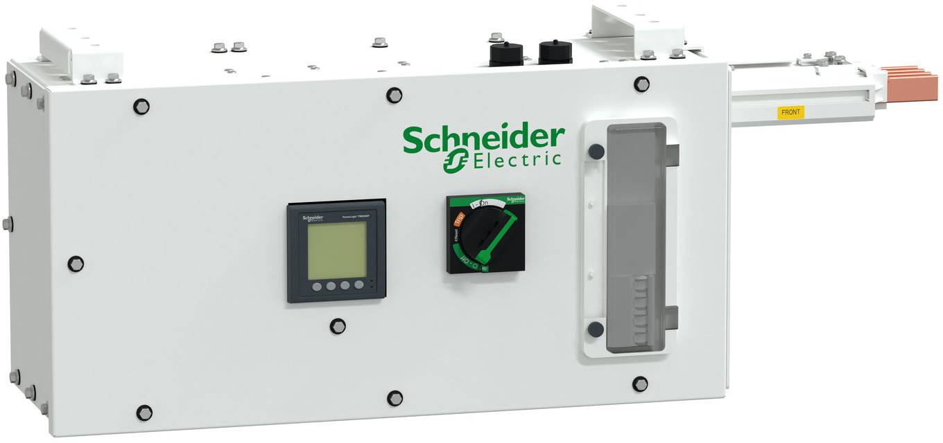 Schneider Electric Elektrosteuerfeld mit Display, Drehschalter und Griff auf einem weißen Gehäuse.