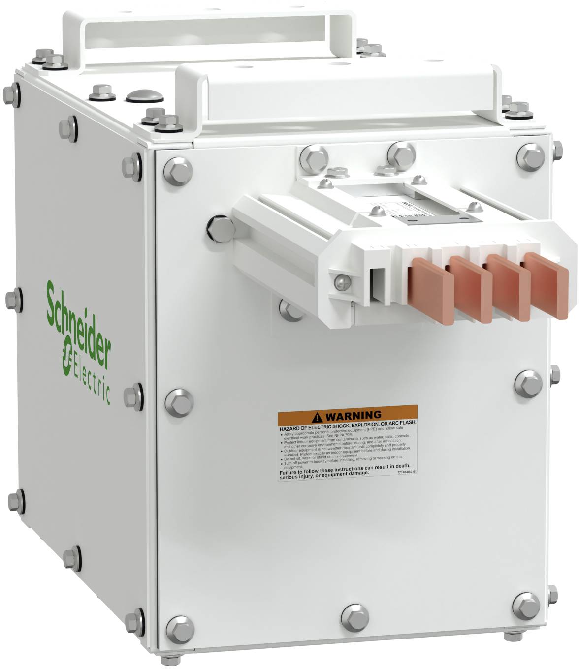 Weißer Schneider Electric Industrie-Elektroschrank mit Griff und orangefarbenen Steckanschlüssen, Warnschild auf der Vorderseite sichtbar.