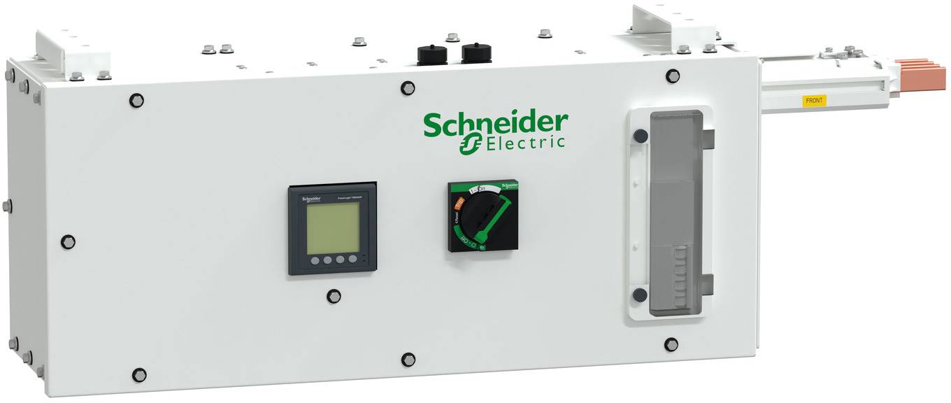 Weißes Schneider Electric-Elektrosteuergerät mit Anzeigebildschirm, Anzeigeinstrument und Griff auf der rechten Seite auf einfachem Hintergrund