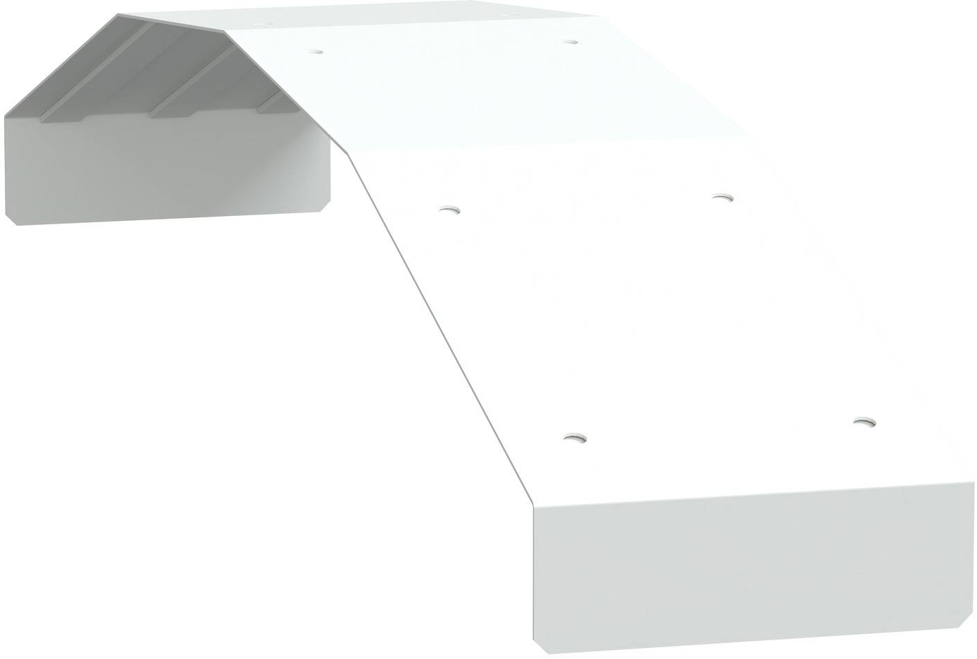 Isometrisches Diagramm eines Metallblechteils mit gefalteten Enden und abgerundeten Ecklöchern, das seine Form und Biegungen zeigt.