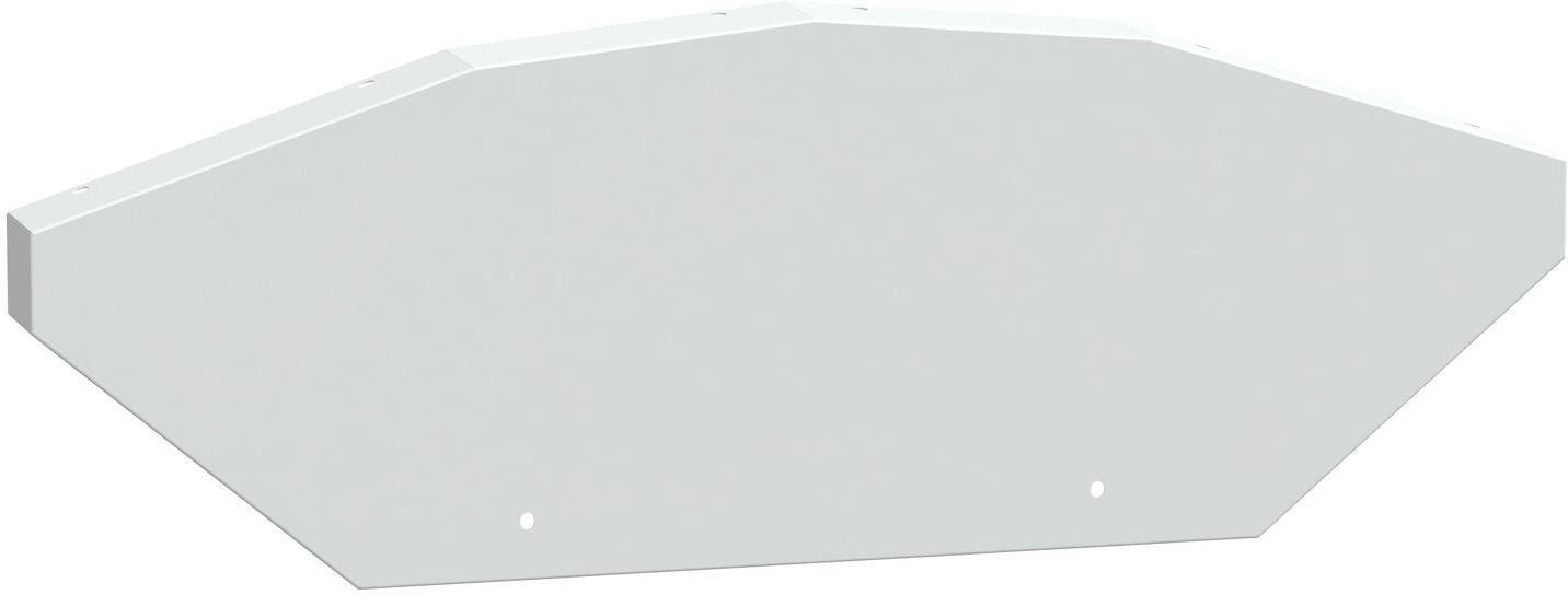 Hellgraues geometrisches Panel mit fünf abgewinkelten Seiten und zwei kleinen weißen Punkten in der Nähe der unteren Mitte.