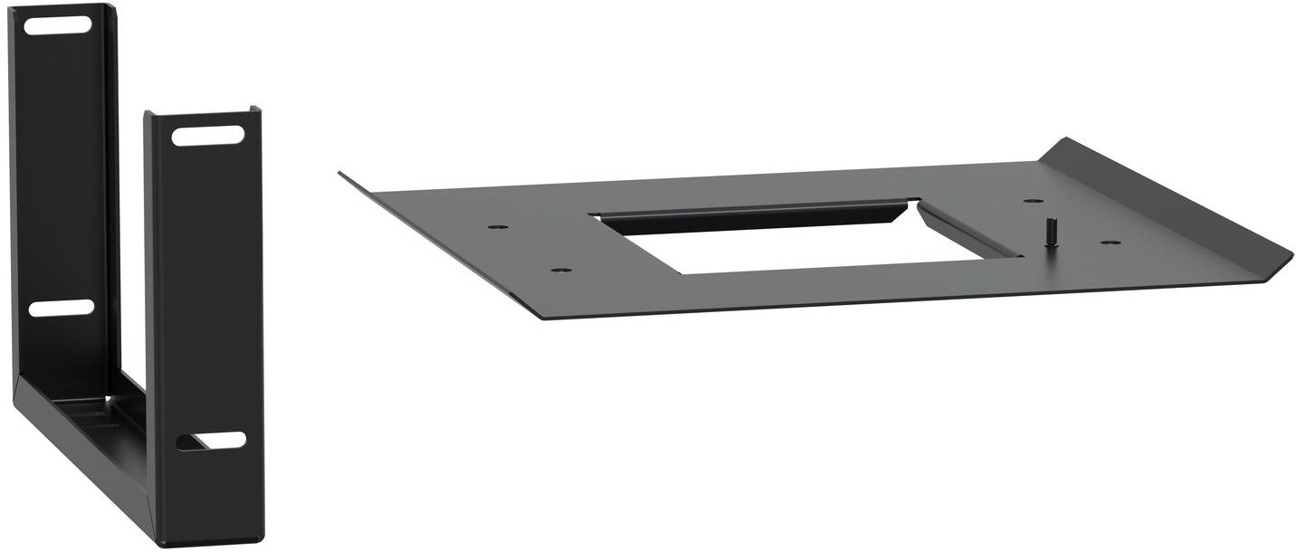 Schwarzes Metall-Montagebracket in zwei Ansichten gezeigt: aufrechte U-förmige Klammer auf der linken Seite und flache abgewinkelte Platte mit rechteckiger Ausnehmung auf der rechten Seite.