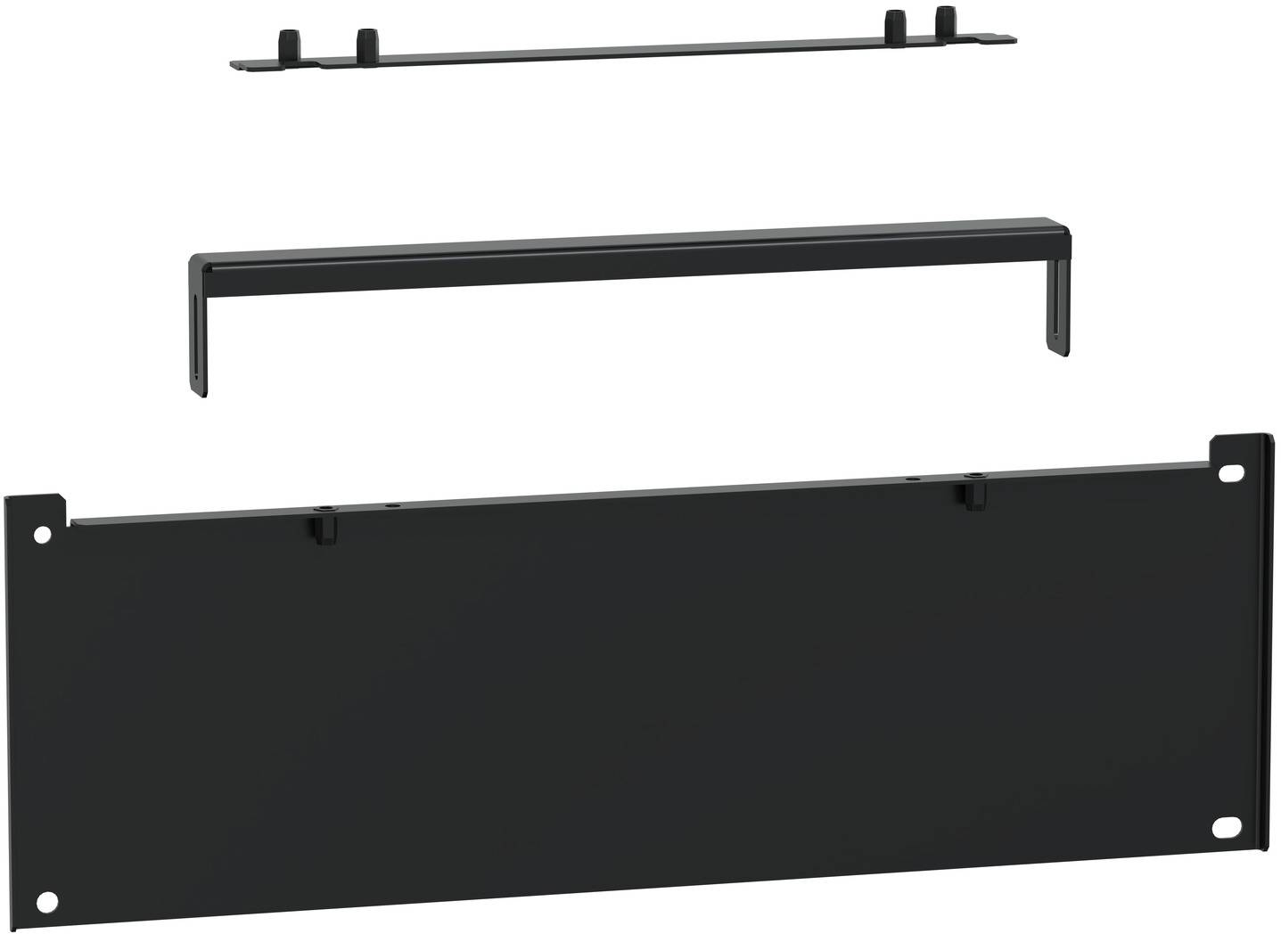 Explodierte Ansicht eines schwarzen Metallmontageklammersatzes: kleine obere Clips, ein U-förmiger Griff und ein großes rechteckiges Panel mit Eckhöchern.