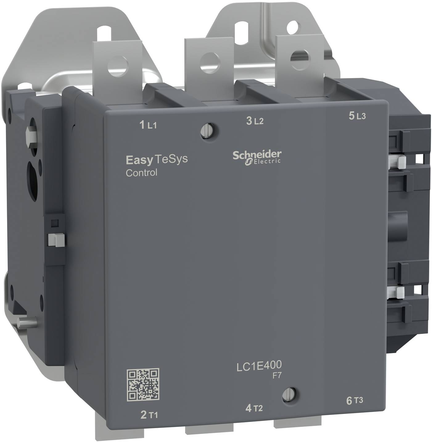 Grauer Schneider Electric Easy TeSys Schütz mit beschrifteten Anschllussklemmen und QR-Code, in Produktansicht vor weißem Hintergrund