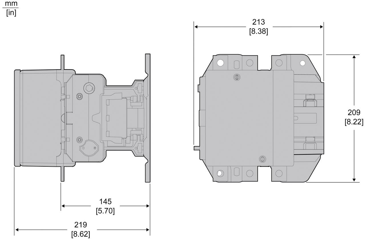 Technische Zeichnung eines Geräts dargestellt in Seiten- und Vorderansicht mit Abmessungen in mm und Zoll: 219 x 209 mm Gesamtgröße, 145 mm Tiefe.