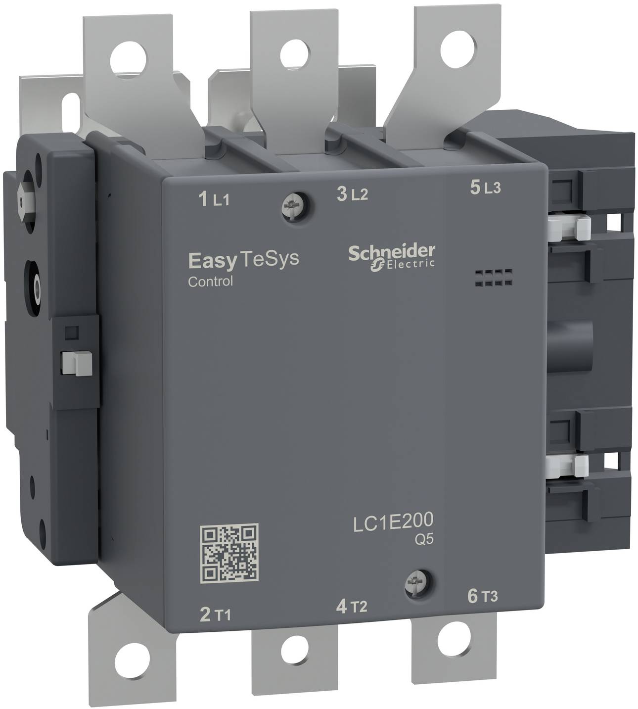 Schneider Electric EasyTeSys Steuerschütz mit drei oberen und unteren Anschlüssen, Frontansicht auf weißem Hintergrund dargestellt.