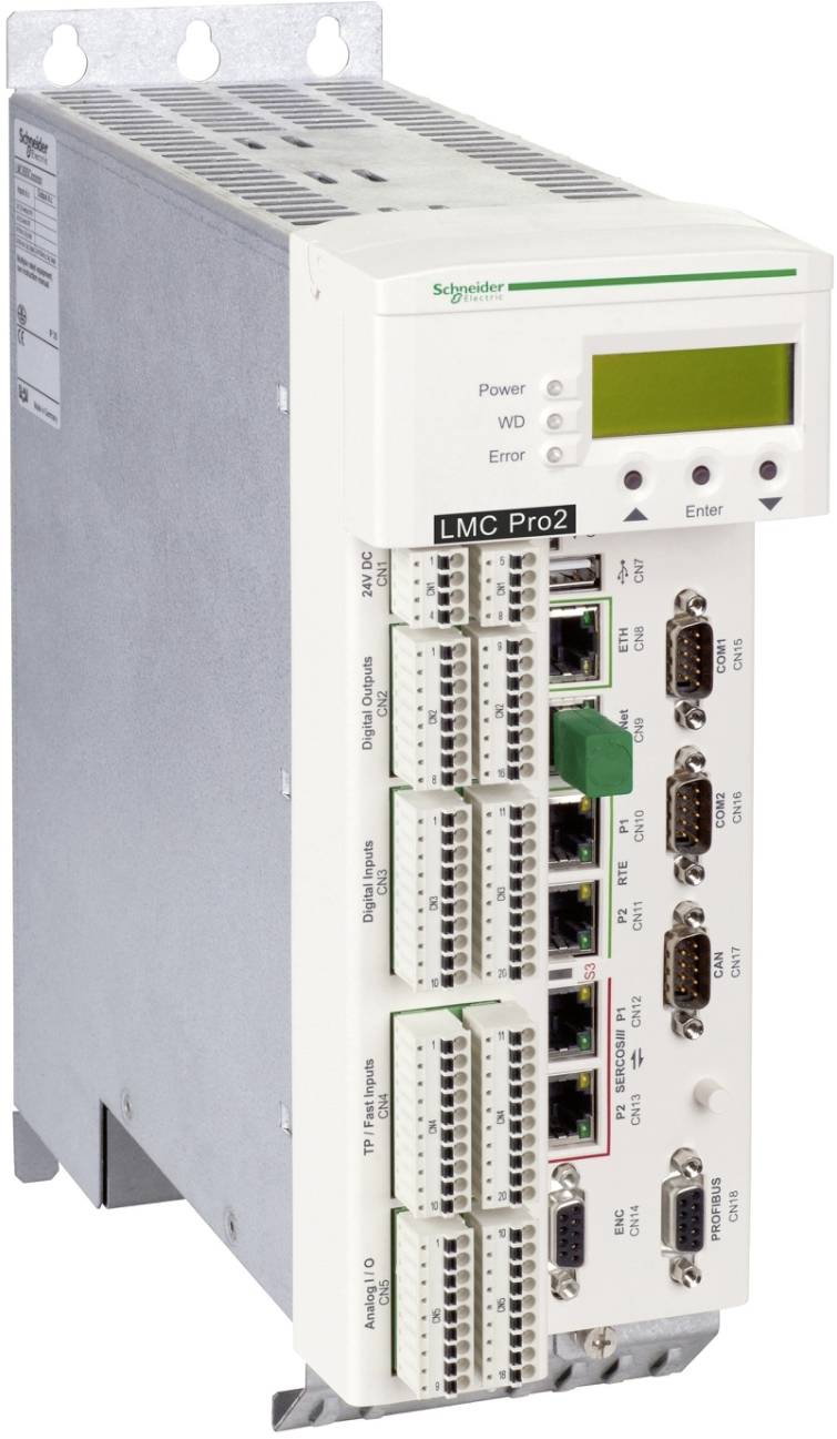 Schneider Electric LMC Pro2 Industrieregler mit kleinem Display, Status-LEDs und mehreren Kommunikationsanschlüssen und Steckverbindern.