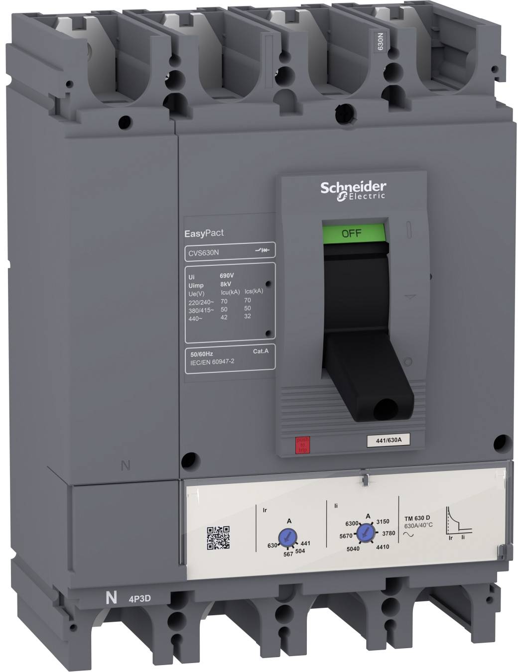 Grauer Schneider Electric EasyPact-Leistungsschalter mit grünem 
