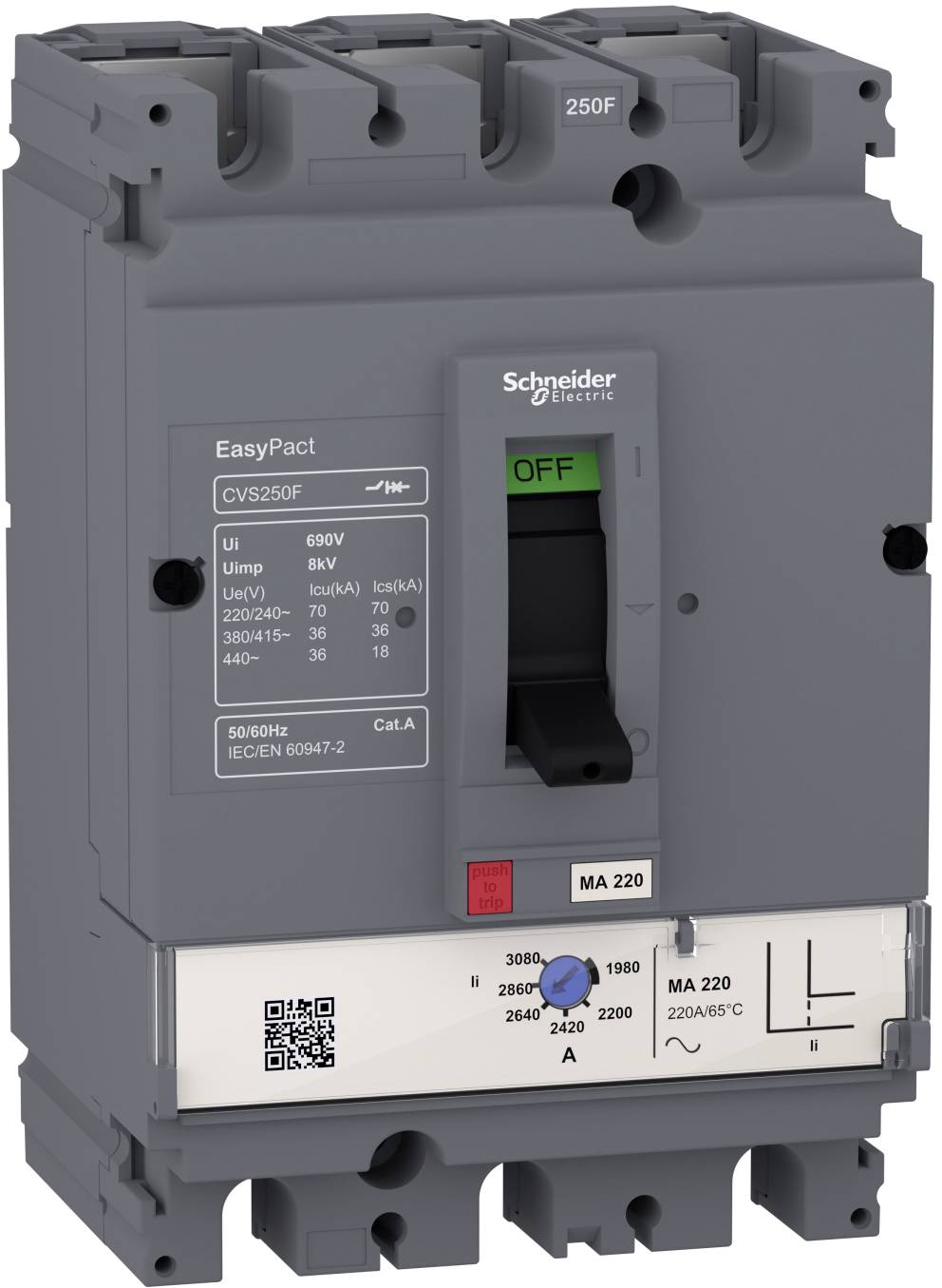 Schneider Electric EasyPact Leistungsschalter, Modell CVS250F, mit grünem AUS-Schalter und Amperekalibrierungsregler mit Bezeichnung MA220.