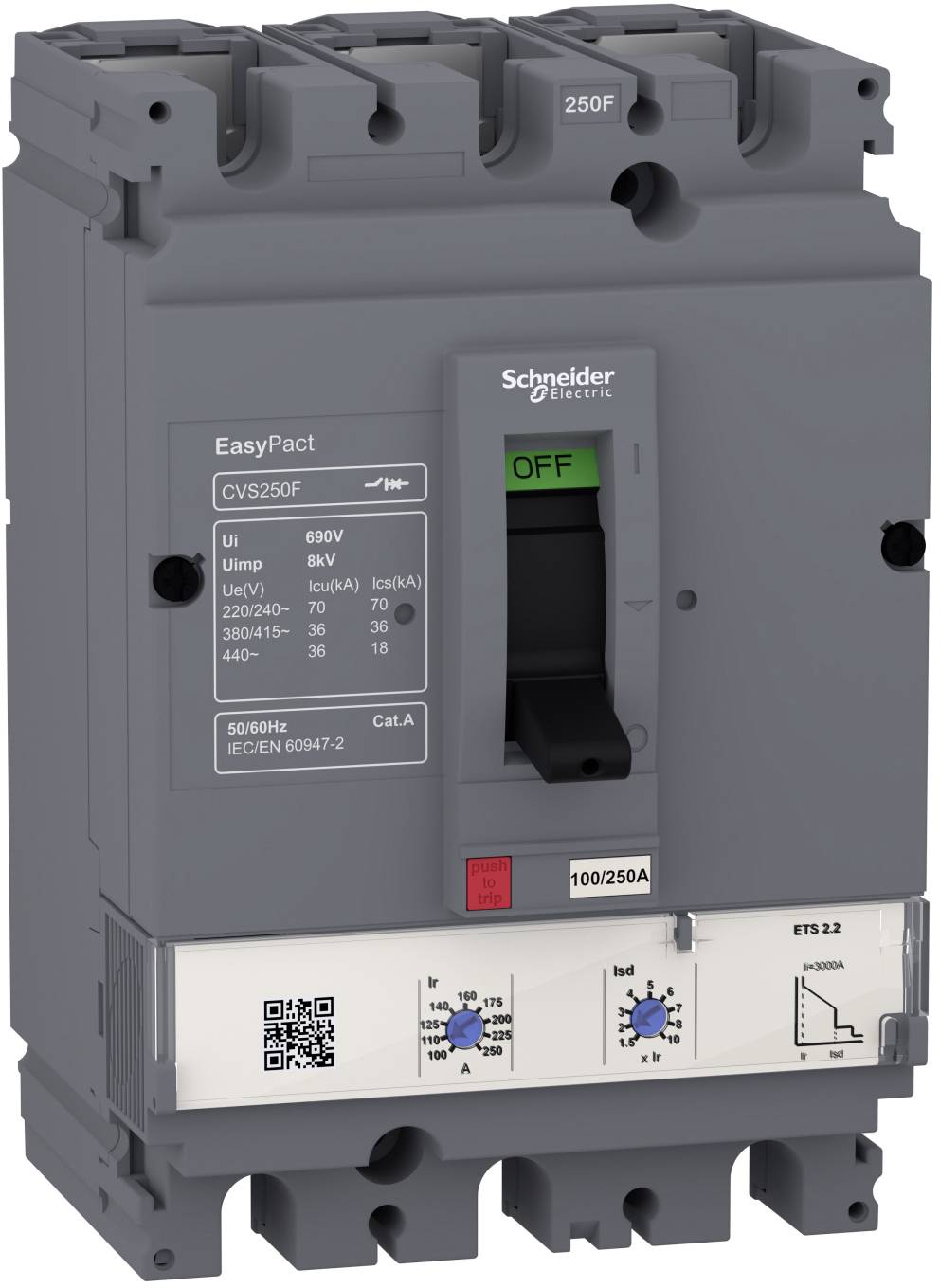 Schneider Electric EasyPact Leistungsschalter mit AUS-Schalthebel, 100/250A Nennstrom, Einstellregler und QR-Code auf der Frontplatte.