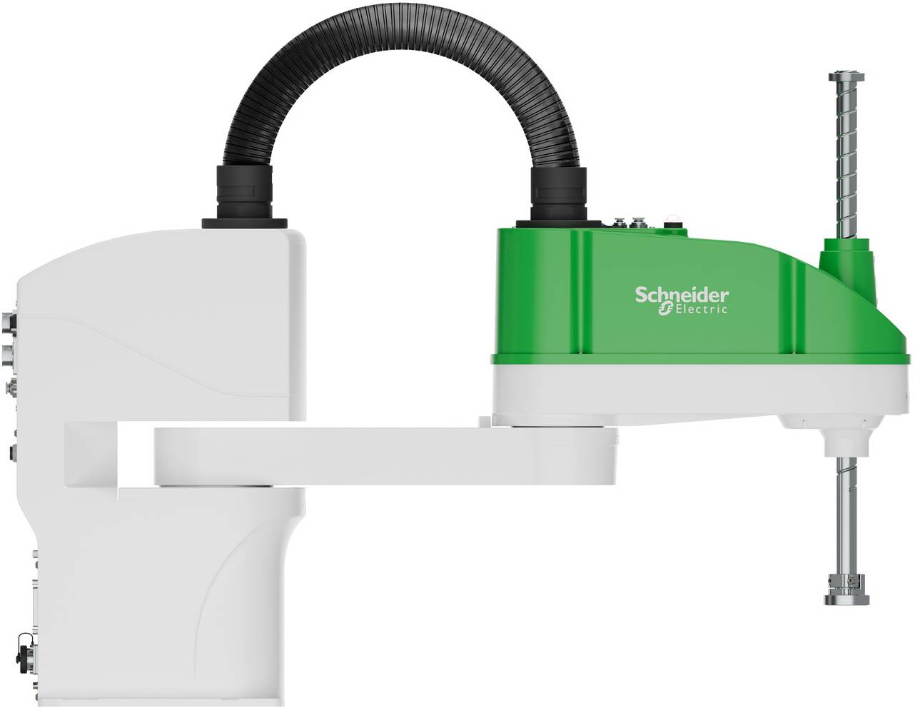 Industrieller Roboterarm mit grünem Schneider Electric-Modul, das ein vertikales Werkzeug oder eine Spindel auf weißem Hintergrund hält.