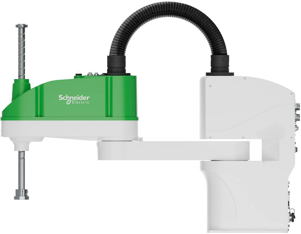 Schneider Electric Industrieroboterarm mit grün-weißem Gehäuse und schwarzem Kabel, isoliert auf weißem Hintergrund dargestellt.