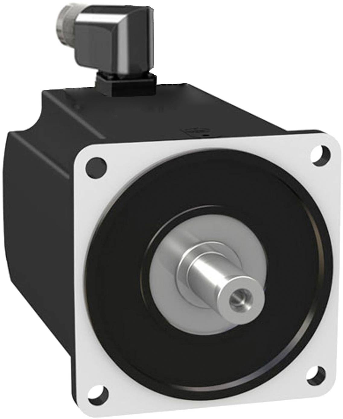 Schwarzer Industrieelektromotor mit quadratischer silberner Frontplatte und vorstehender Welle, gezeigt auf weißem Hintergrund.