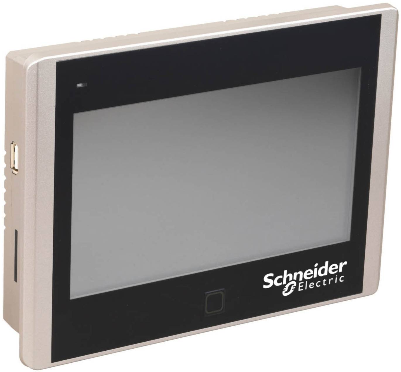 Ein Touchscreen-Bedienfeld von Schneider Electric mit leerem Display und schwarzer Blende, in schräger Ansicht vor weißem Hintergrund dargestellt.