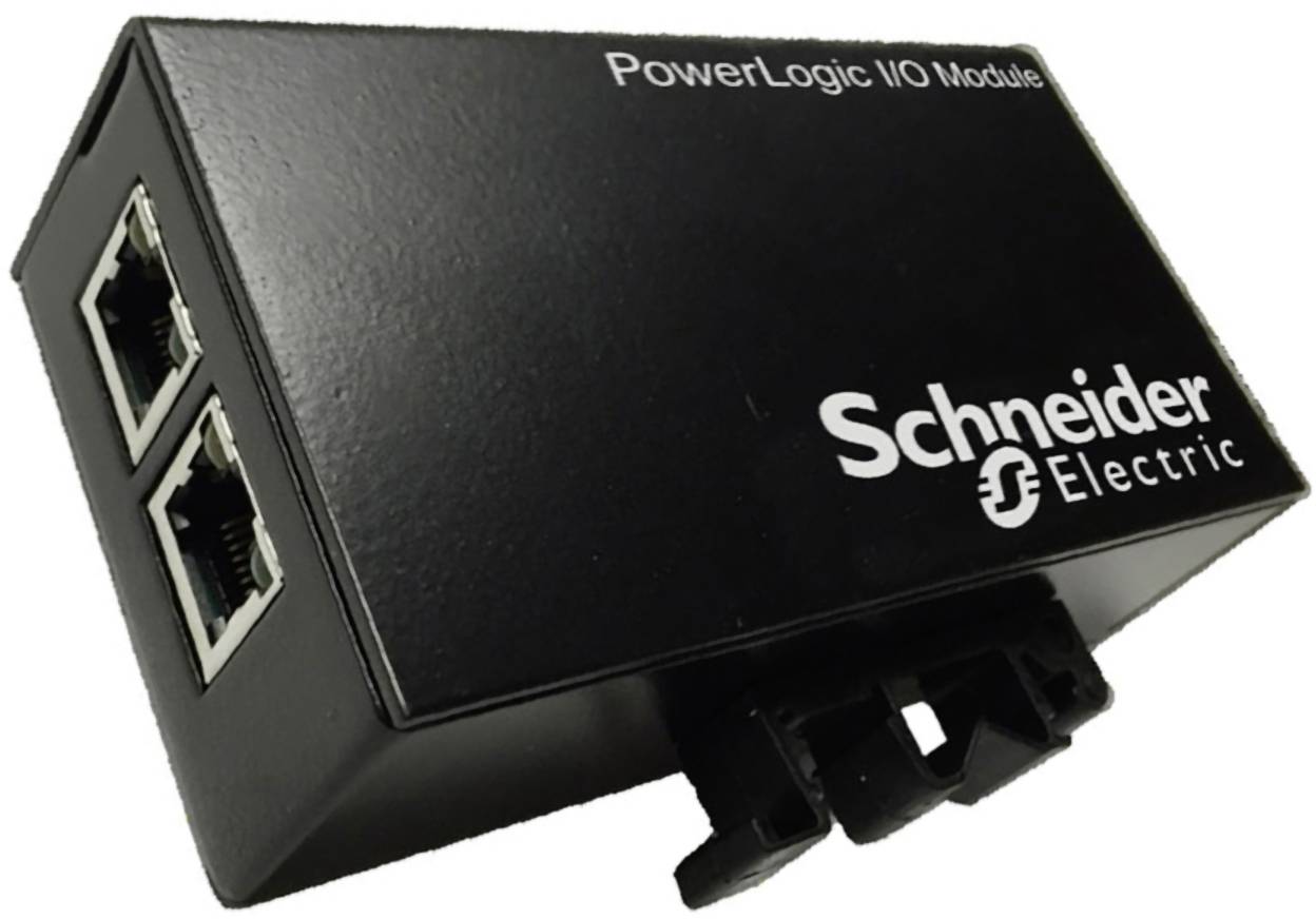Schwarzes Schneider Electric PowerLogic I/O-Modul mit zwei Ethernet-Anschlüssen und Befestigungsclip auf weißem Hintergrund