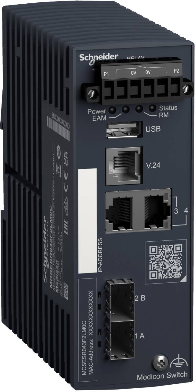 Schneider Electric Modicon Switch industrieller Netzwerk-Switch mit mehreren Ethernet-Anschlüssen, USB-Anschluss, Status-LEDs und QR-Code.