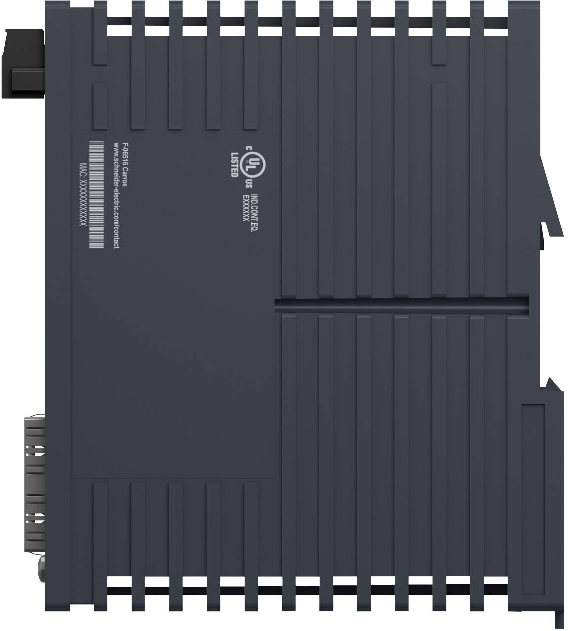 Dunkelgraues industrielles elektronisches Modul mit geripptem Gehäuse und seitlichen Anschlüssen, abgebildet auf weißem Hintergrund.