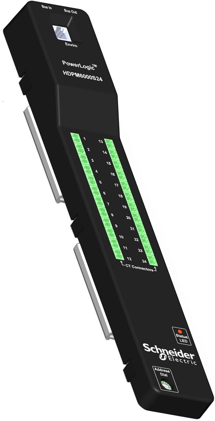 Schwarzes Schneider Electric PowerLogic Kommunikationsmodul mit grünen LED-Statusanzeigen und gekennzeichneten Anschlüssen, isoliert auf weißem Hintergrund dargestellt.