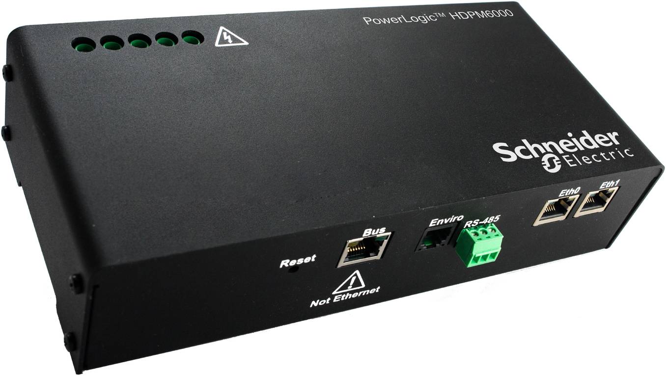 Schwarzes Schneider Electric PowerLogic HDOIM-Messermodul mit sichtbaren Ethernet-, Modbus-, RS-485- und Reset-Anschlüssen auf der Frontplatte.