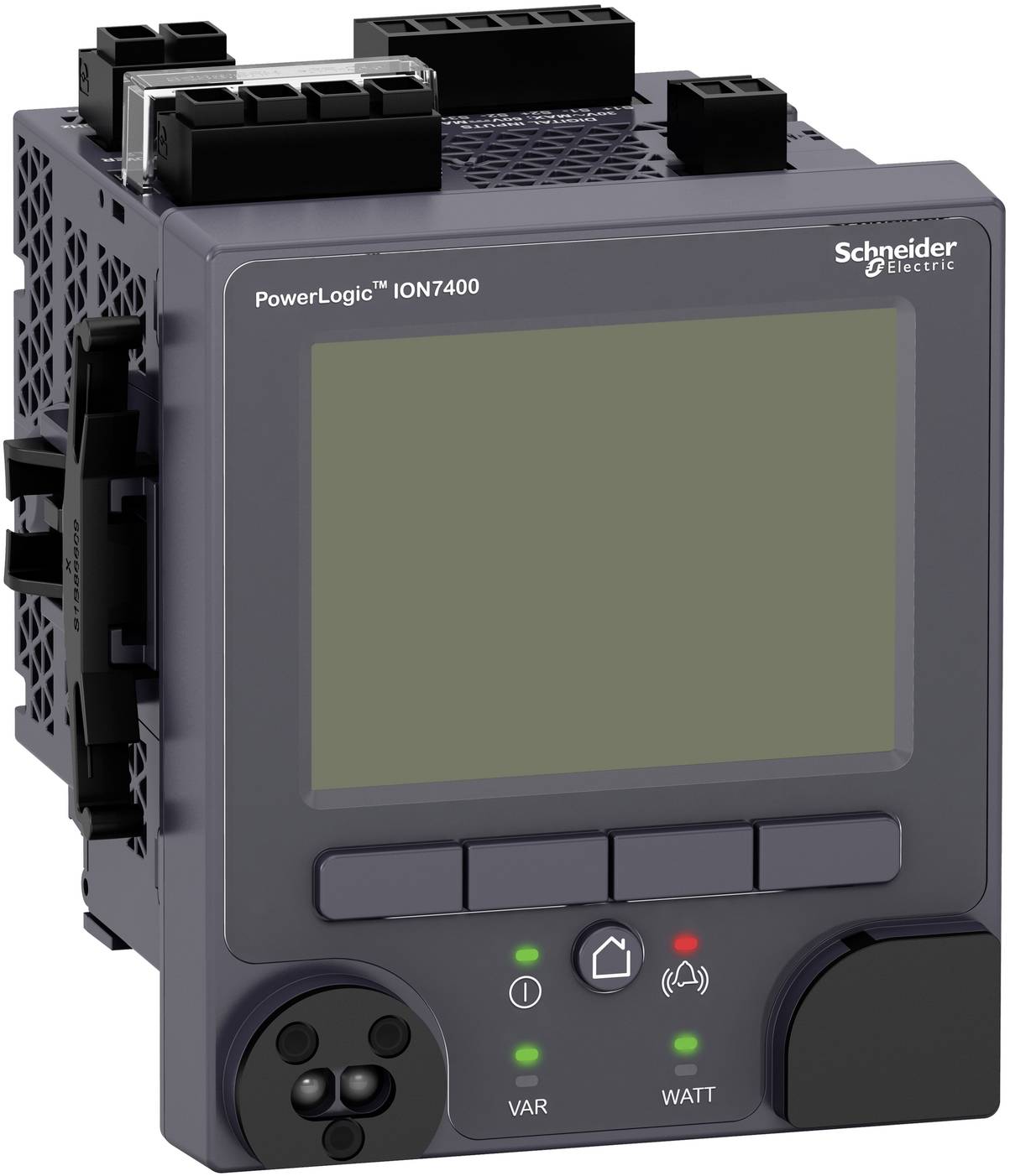 Schneider Electric PowerLogic ION7400 Stromzähler mit leerem Display, Tasten und Status-LEDs.