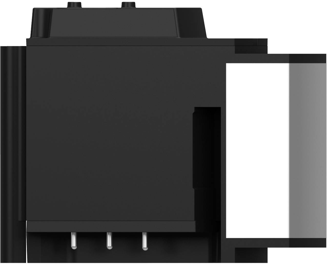 Schwarzes elektrisches Relais oder Verbindungskomponente mit Metallstiften und weißem Seitengehäuse, dargestellt vor einem einfachen Hintergrund.
