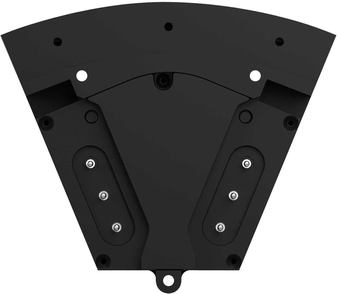 Vorderansicht einer schwarzen dreieckigen mechanischen Befestigungshalterung mit sichtbaren Schrauben und einem unteren Befestigungsloch auf weißem Hintergrund.