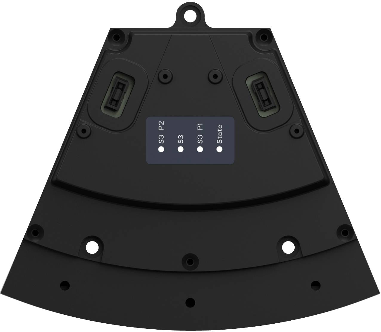 Schwarzes trapezförmiges Gerätegehäuse mit Montageloch und beschrifteter Anzeigetafel mit S3, P2, P1 und State-LEDs.