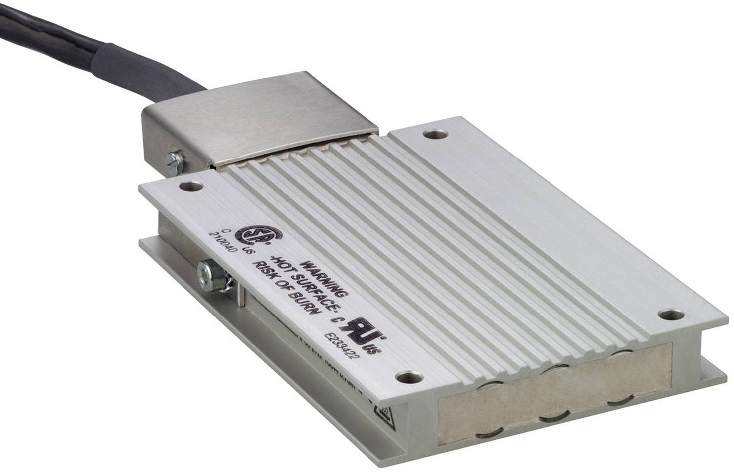 Silberfinniges Aluminium-Elektronikmodul mit angeschlossenem schwarzem Kabel, dargestellt auf weißem Hintergrund.