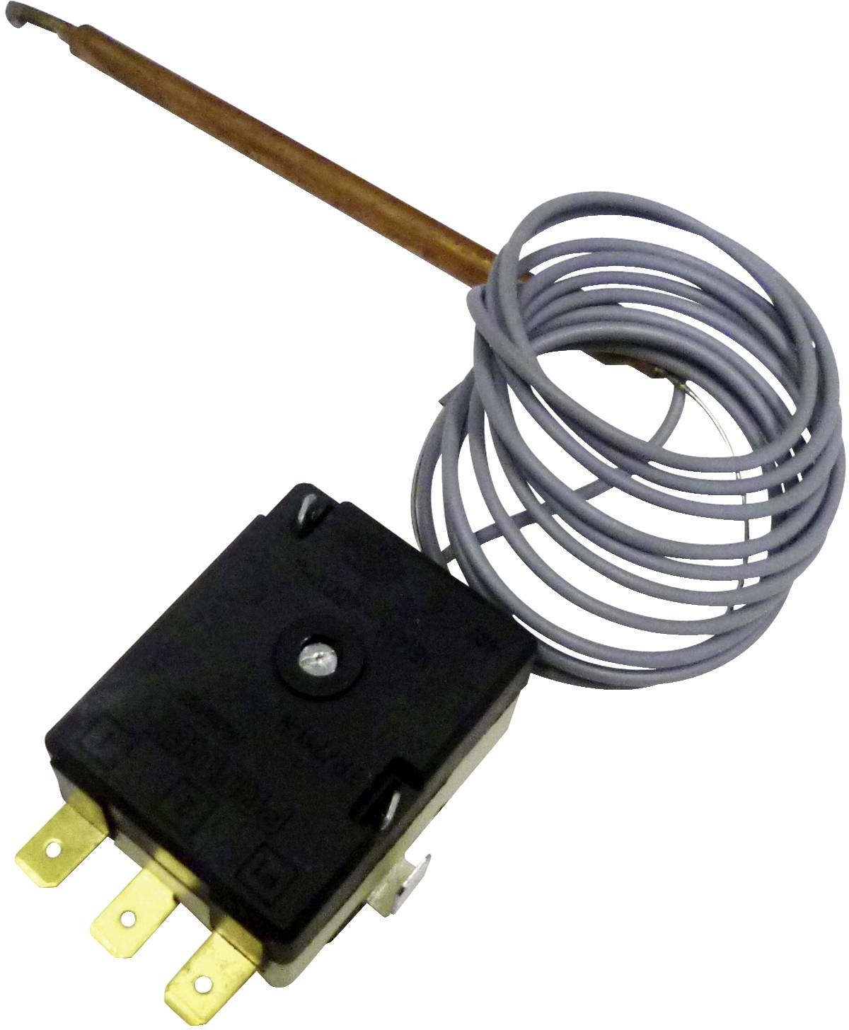 Aufgerollter Kapillar-Thermostat-Temperaturfühler mit Kupfersonde und schwarzem Elektroschaltergehäuse mit Anschlüssen.