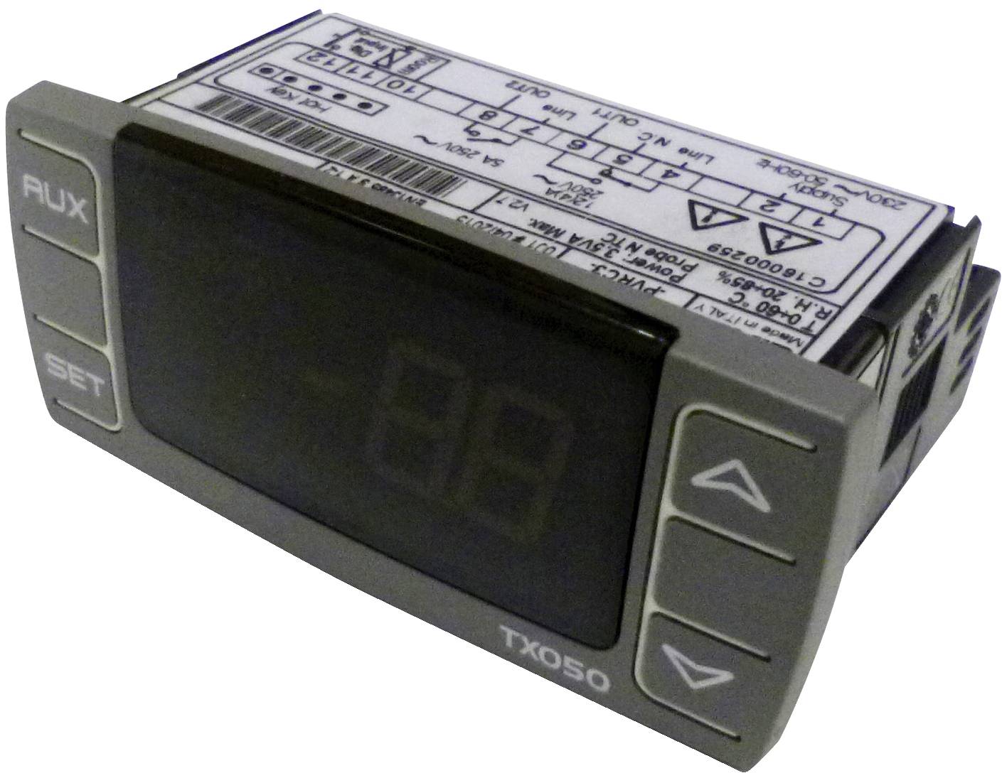 Digitales Temperaturregler-Modul mit dunklem Display, AUX- und SET-Tasten auf der linken Seite, Auf-/Ab-Pfeile auf der rechten Seite, Modell TX05O.