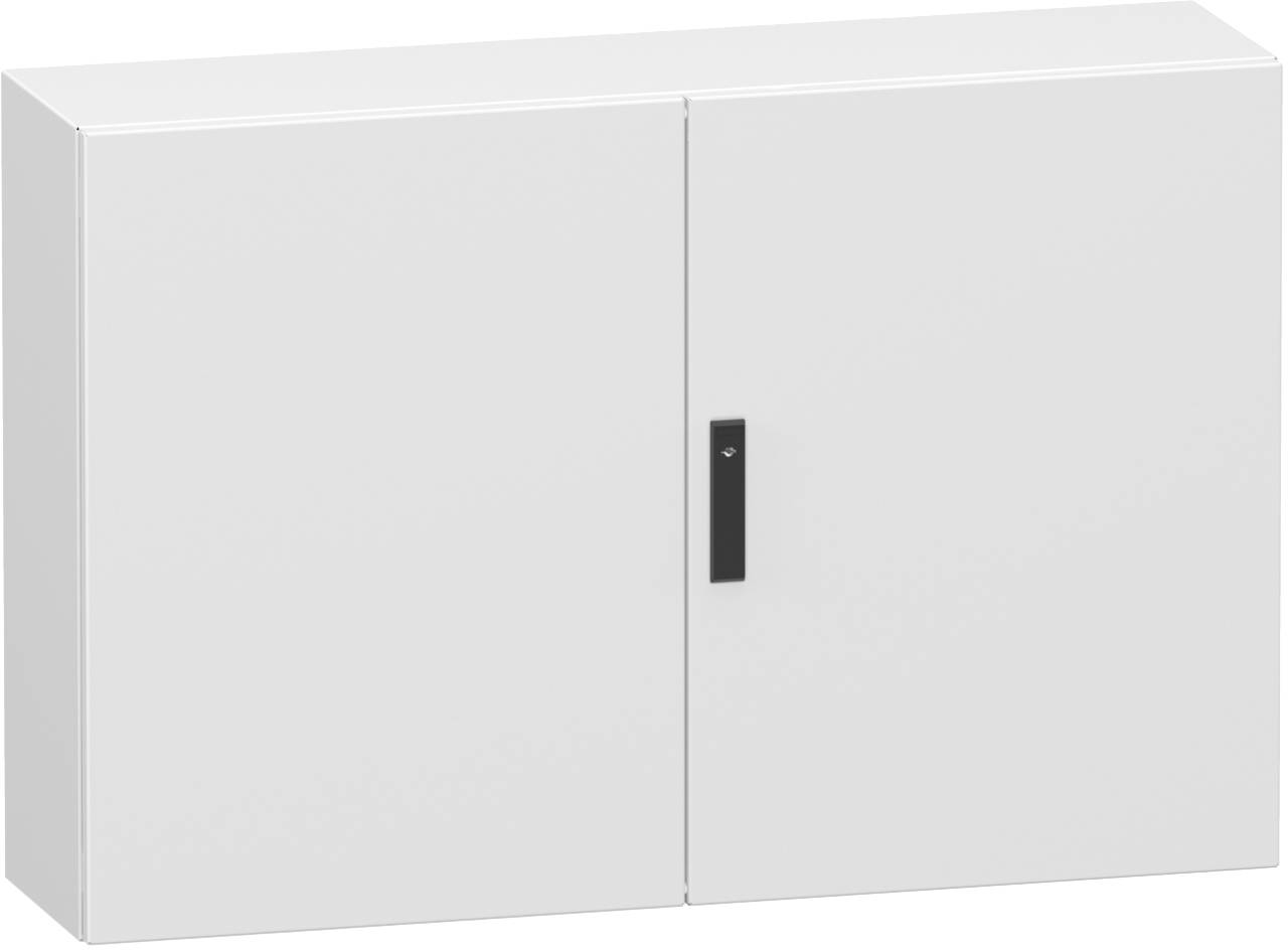 Weißer Metalllagerschrank mit zwei vorderen Türen und einem schwarzen vertikalen Griff an der rechten Tür