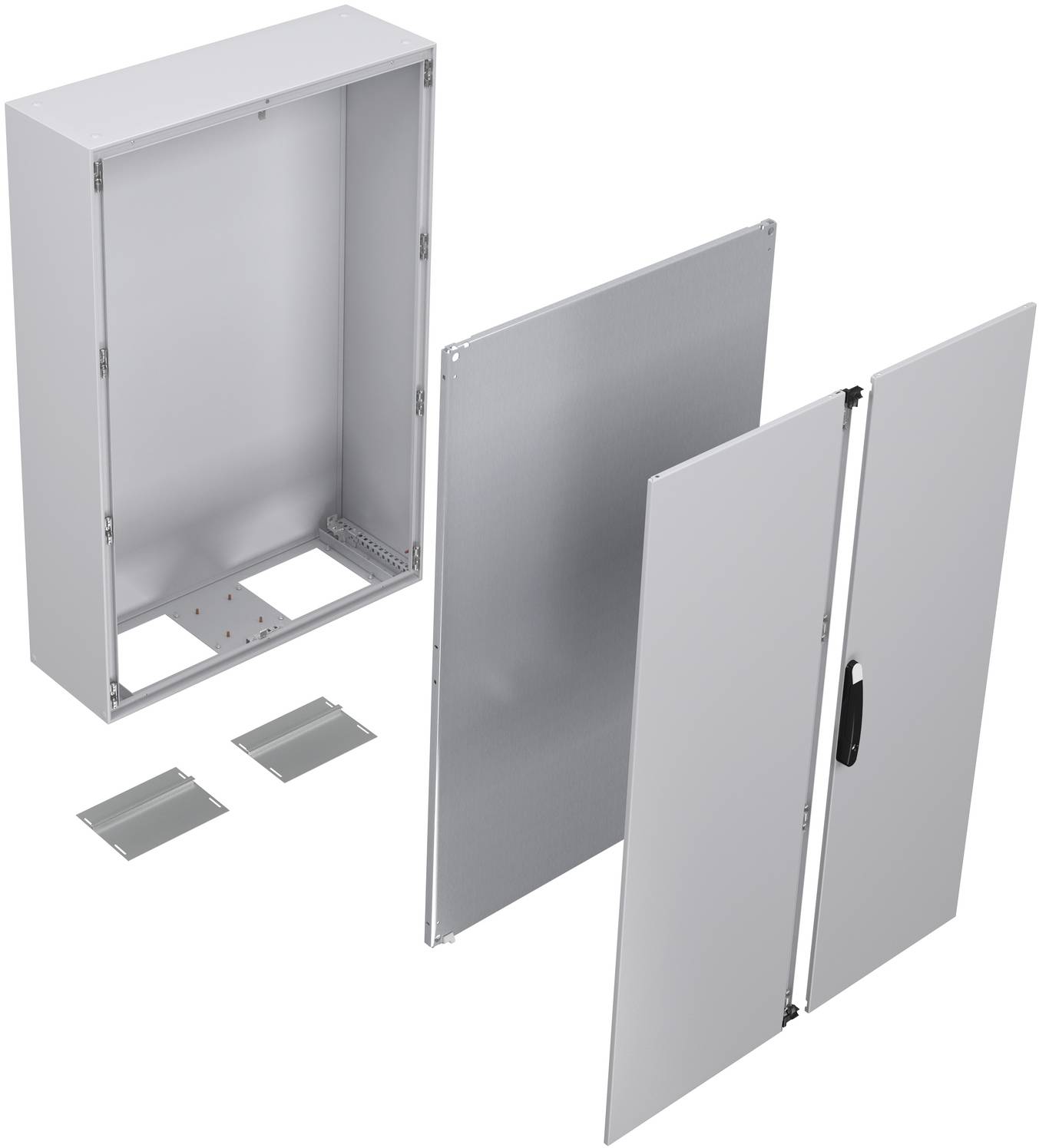 Explosionsdarstellung eines metallischen Elektroschaltkastens mit separatem Rückenpanel, Tür und Montageklammern, die Bauteile zeigt.