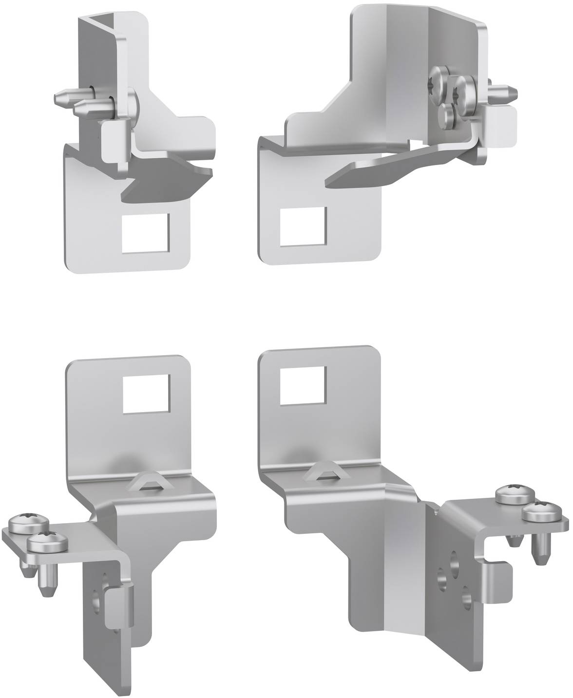Abbildung von vier Ansichten einer verstellbaren Metallmontageklammer mit einer Verriegelung und Schraubenbefestigungen, dargestellt aus verschiedenen Winkeln auf weißem Hintergrund.