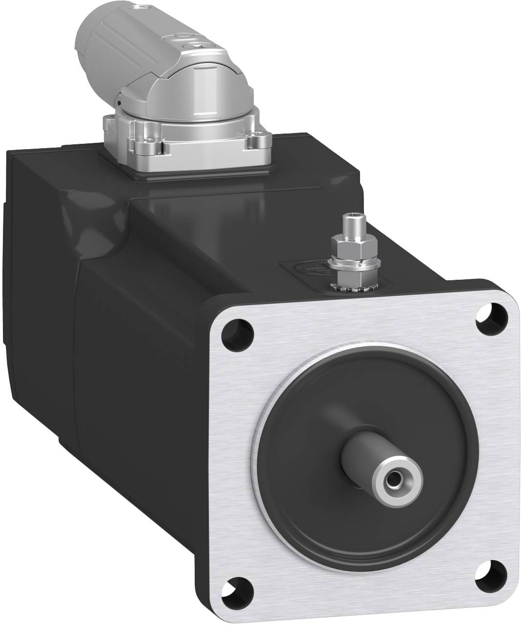 Industrieller Elektromotor mit quadratischem Frontflansch, zentraler Welle und oben montiertem Anschluss, isoliert auf weißem Hintergrund dargestellt.