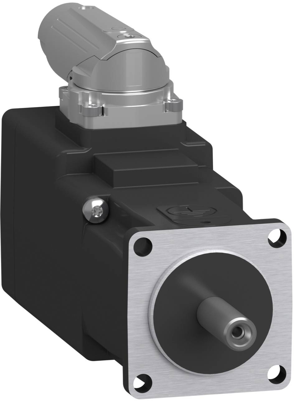 Industrieller Servomotor mit quadratischem schwarzem Gehäuse, silberner Montageplatte und hervorstehendem Schaft, isoliert auf weißem Hintergrund dargestellt.