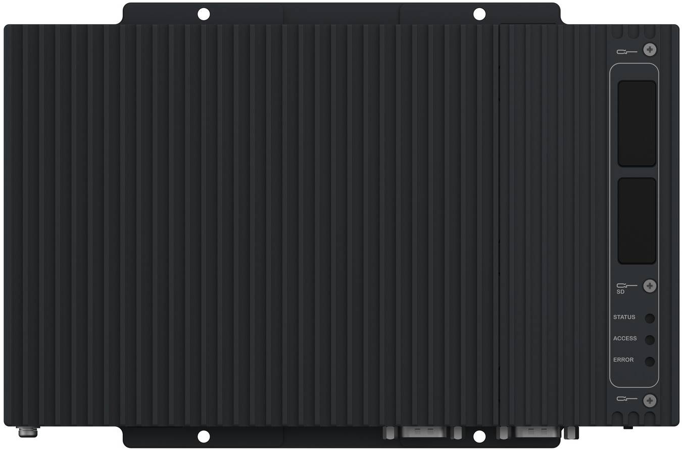 Schwarzes elektronisches Gerätepanel mit gerillter Vorderseite und Steuerabschnitt auf der rechten Seite mit Display, Tasten und Statusanzeigen.