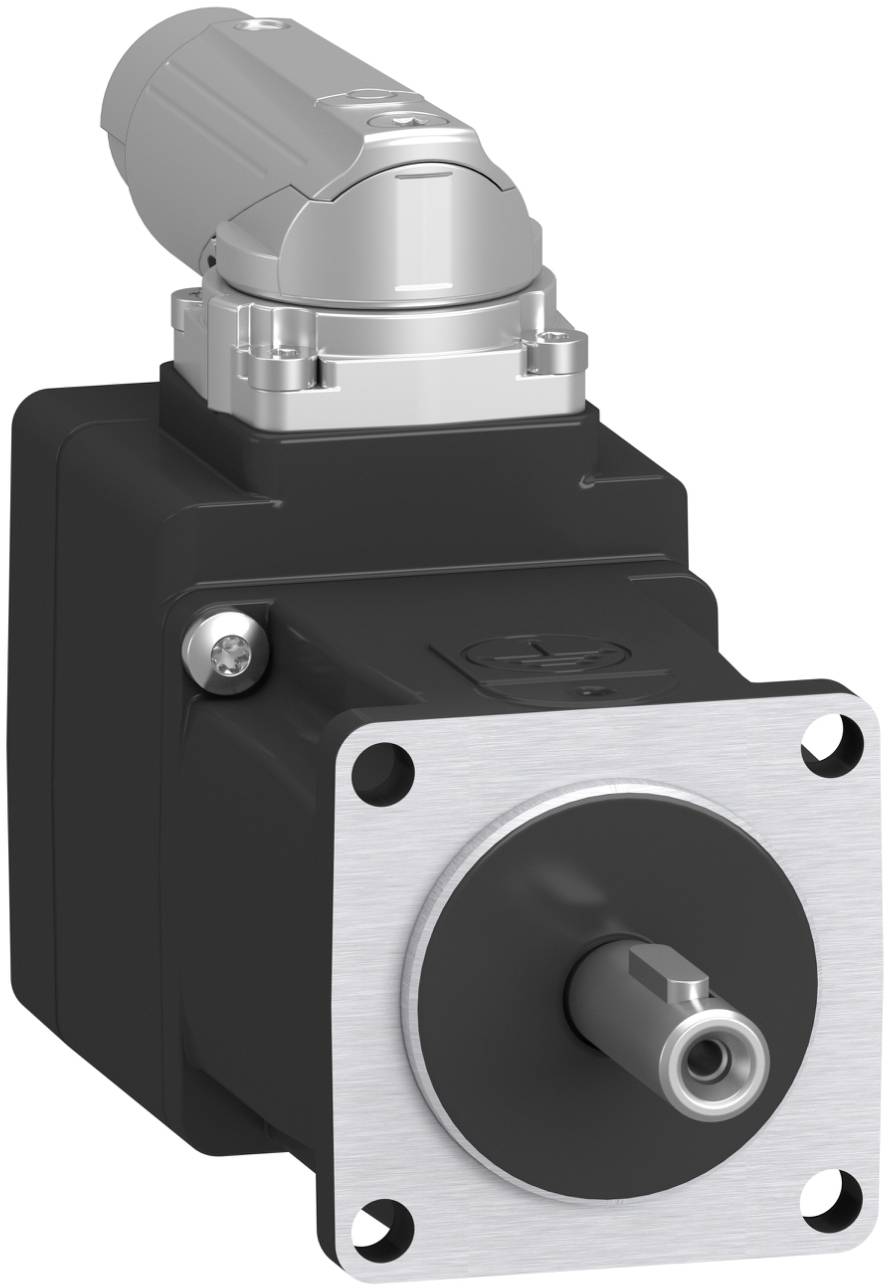 Industrieller Elektromotor mit schwarzem Gehäuse und silberner Montageflansch, dargestellt in einer produktstilisierten Isoliertansicht.