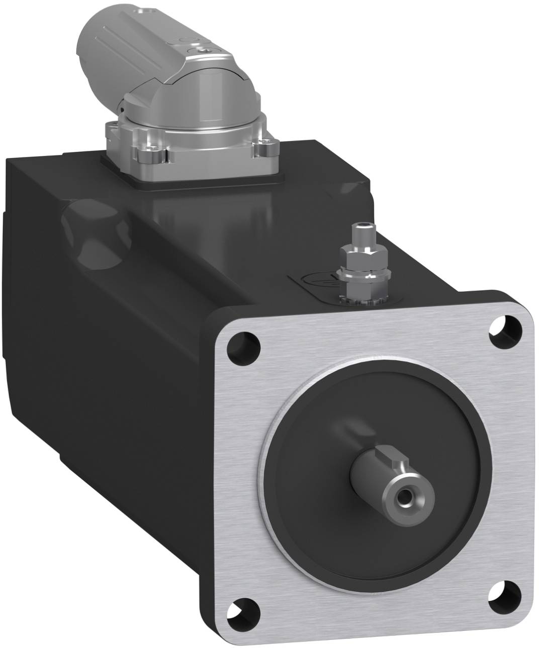 Industrieller Elektromotor mit quadratischem Metallflansch vorne und zentraler Welle, in 3D auf weißem Hintergrund dargestellt.