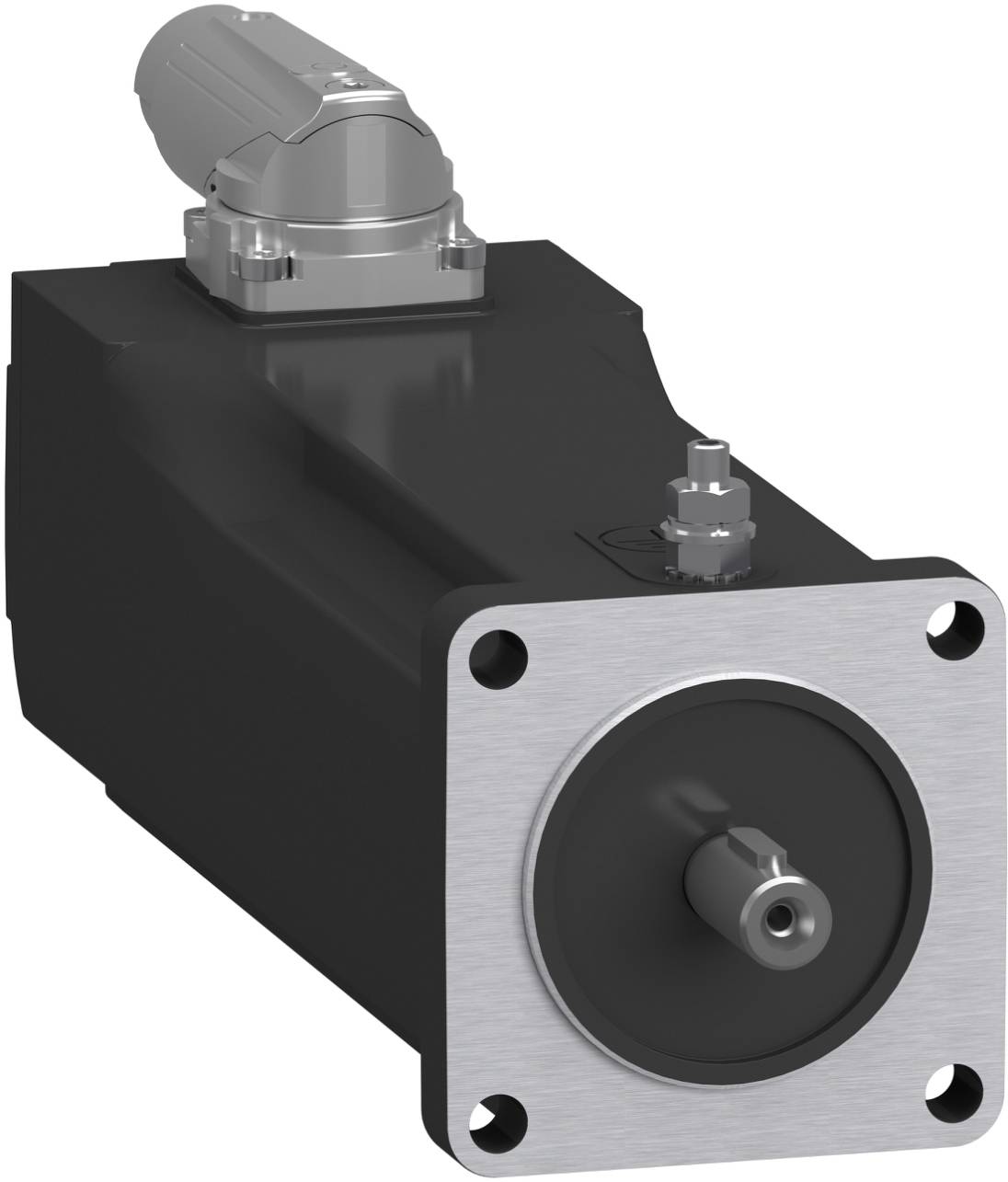 Industrieller Elektromotor mit quadratischem Vorderflugel und vorstehender Welle, dargestellt in einer 3D-Produktabbildung.