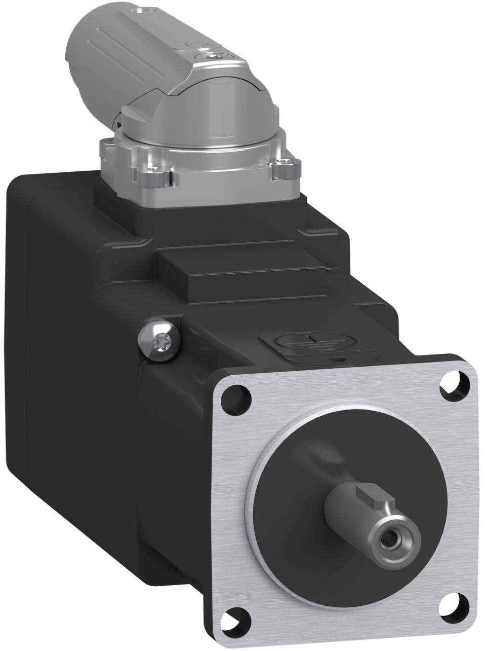 Industrieller Elektromotor mit silberner Welle und quadratischer vorderer Montageplatte, dargestellt in einer produktstilisierten Nahaufnahme auf weißem Hintergrund.