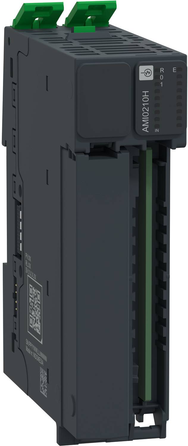 Schwarzes Industrie-Elektronikmodul mit grünen Anschlussleisten und Status-LEDs an der Vorderseite, mit der Bezeichnung „AM0210H