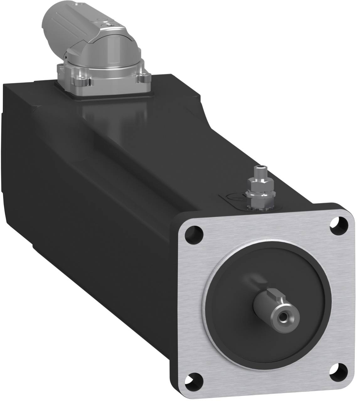 Industrieller Elektromotor mit quadratischem Vorderflansch und zentraler Welle, dargestellt in einer 3D-Produktvisualisierung.
