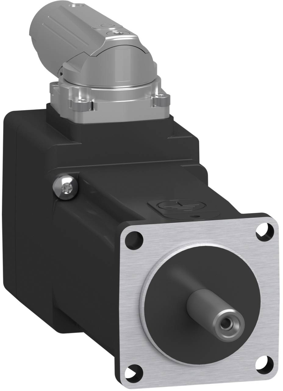Industrieller Elektromotor mit einem silbernen Stecker oben und einem quadratischen vorderen Flansch mit herausragendem Schaft.