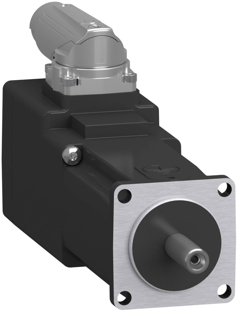 Industrieller Elektromotor mit schwarzem Gehäuse, silberfarbener Oberseite und vorderer Metallflansch mit herausragendem Schaft.